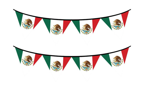 Mexican flag bunting garland with eagle emblem on white background for fiesta celebrations