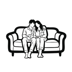 Obraz premium Couple relaxing on a sofa line art vector illustration. Man and woman sitting together at home. Flat design graphic isolated on transparent background