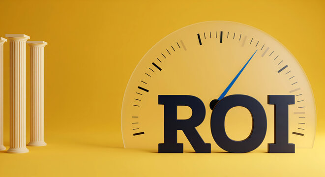 Investment return rating meter for loan and funding review shows ROI risk level, capital efficiency and credit decision scoring for banks, lenders and private equity due diligence