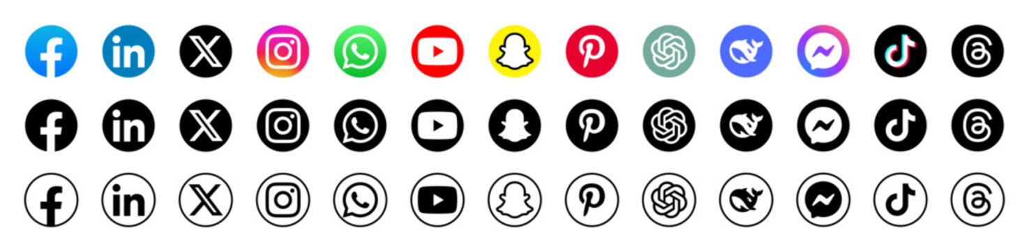 Instagram, Facebook, X, Youtube, WhatsApp, Pinterest, Linkedin, Snapchat - collection of popular social media icons. Editorial only.
