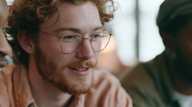 Close-up portrait of a young man with curly red hair and glasses. he is smiling and looking directly at the camera. he has a beard and is wearing a peach-colored shirt.