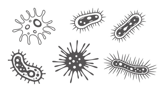 Six stylized hand drawn bacteria and virus microbe germ cell