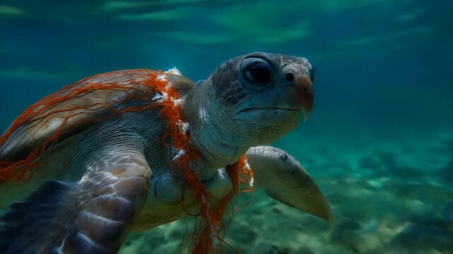 Endangered sea turtle swimming underwater with orange plastic net entangled on its neck