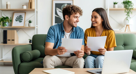 Fototapeta premium Online learning plan for personal growth shows couple reviewing course papers at home, helping promote coaching programs, psychology worksheets, skill building and shared education goals