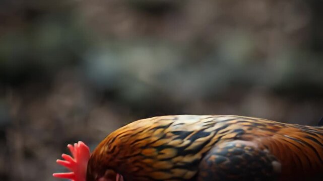 Close up profile of a rooster with golden brown striped feathers and a bright red comb