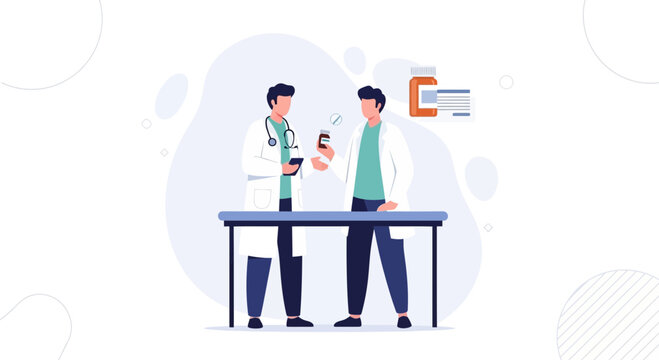 Two doctors consulting with medication tablets and pill bottles at desk