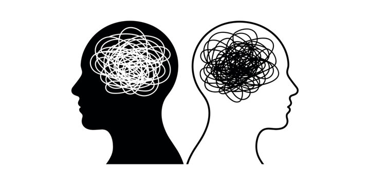 Two Silhouetted Heads Facing Each Other With Tangled Thoughts Inside head silhouette profile opposite in white background
