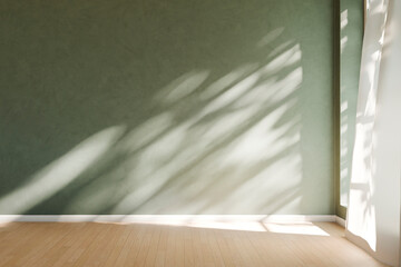 Modern empty room with sage green wall and window sunlight tree shadow. Minimalist interior design background. Home renovation, scandinavian style studio, living room, bedroom, condo open space. © hitdelight