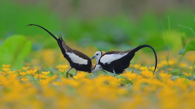 A beautiful pair of Pheasant-tailed Jacana birds in striking breeding plumage interacting gracefully while foraging in a lush wetland covered with vibrant blooming yellow aquatic flowers.