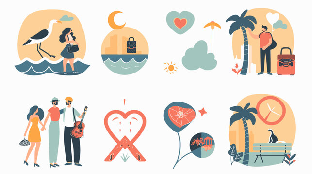Couple Walking With Guitar On Beach Near Palm Trees At Sunset With Suitcase And Beach Ball