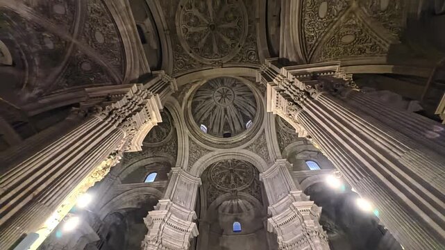 Ornate Baroque Granada Cathedral Interior With Domed Ceiling, Grand Columns and Detailed Stonework, Granada, Spain