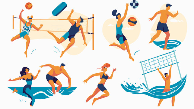 Group Of People Playing Beach Volleyball During Daytime With Blue Water And Yellow Sky Background