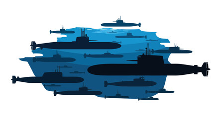 Fleet of Submarines Sailing on Blue Ocean Surface, Naval Warfare Concept © Biru