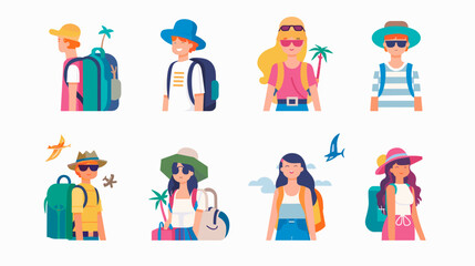 Fototapeta premium Pixel Art Characters Diverse Group Casual Summer Vacation Outfits Diverse People Traveling Together