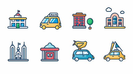 Pixel Art Cityscape Icons Featuring Buildings Vehicles And Abstract Elements © AI PIC