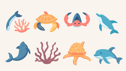 Fototapeta premium Pixel Art Collection Of Marine Life Including Dolphins Whales Starfish Crab And Coral In Soft