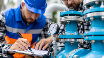 Fototapeta premium Close-up of an engineer and technician checking condenser water pump and pressure gauge data, environmental engineering concept, water system maintenance, industrial pump