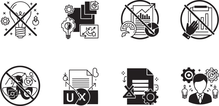 Business Management Problem Solving and User Experience UX Strategy Icon Set for Operational Efficiency and Creative Workflow Concepts