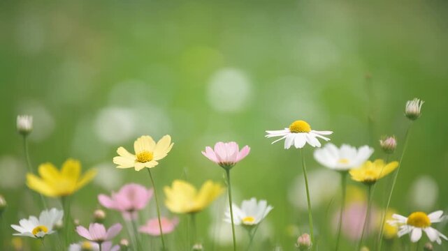 Cinematic slow motion of colorful wildflowers swaying in the breeze against a soft green bokeh background, professional Full HD 1080p nature footage