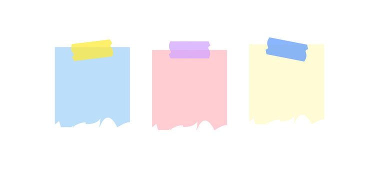 Set of colorful ripped paper sticky notes with adhesive tape on transparent background