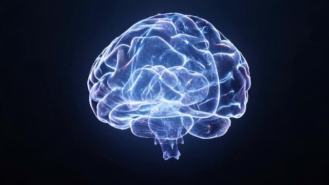 Glowing 3d holographic human brain model with neural networks and synapses on a dark background