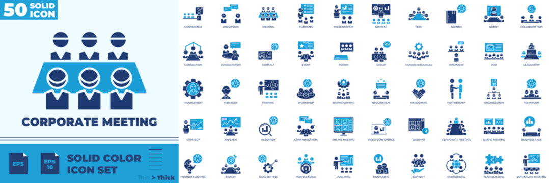 Corporate Meeting Solid Color Editable Icons set