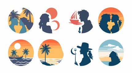 Fototapeta premium Pixel Art Silhouettes Of Couples And Beach Scenes At Sunset