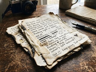 Naklejka premium Vintage camera, notebook, and pens on a wooden table with handwritten pages.