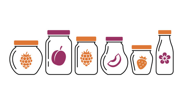 Set of glass jars and bottles with fruit and flower icons for homemade jam and juice preserves
