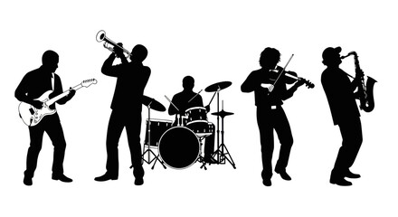 Jazz Band Silhouette: Guitar, Trumpet, Drums, Violin, Saxophone Musicians © Biru