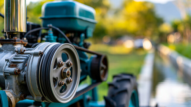 Close-up of a flywheel engine on a walking tractor spinning a belt to pump canal water, agricultural machinery concept, rural water pump technology, farm engine photography,