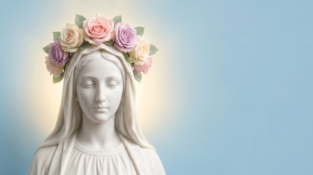 May Crowning of the Virgin Mary: marble statue of the Madonna wearing a spring rose wreath on a blue background with copy space (Month of Mary)