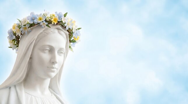 May Crowning of the Virgin Mary: white marble statue of the Madonna wearing a spring flower wreath against a light blue background with copy space