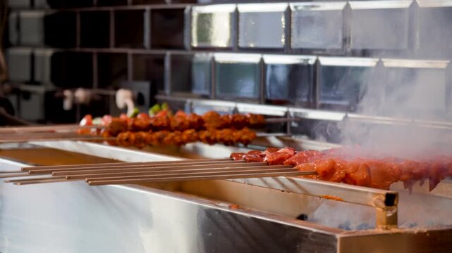 grilling traditional minced meat rolls on a smoky barbecue grill, preparing smoked meat, meat on the grill video