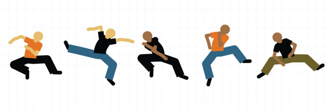 Urban street style male dancer character performing low moves rhythm motion concept flat vector illustration pack kit