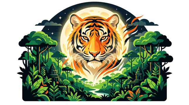 Tiger Spirit Guardian Above Jungle Moon Wildlife Conservation Vector Illustration