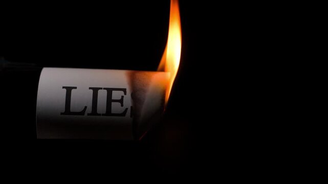 Burning paper with word lies on black background. Conceptual shot of destroying lies and deception with fire flame
