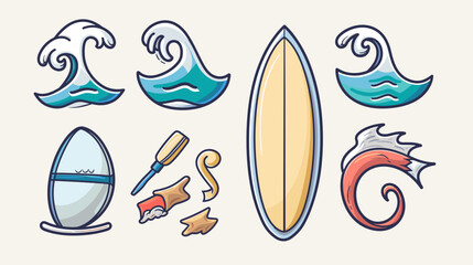 Pixel Art Surfing Elements And Ocean Waves Collection With Stylized Seafaring Creature © AI PIC