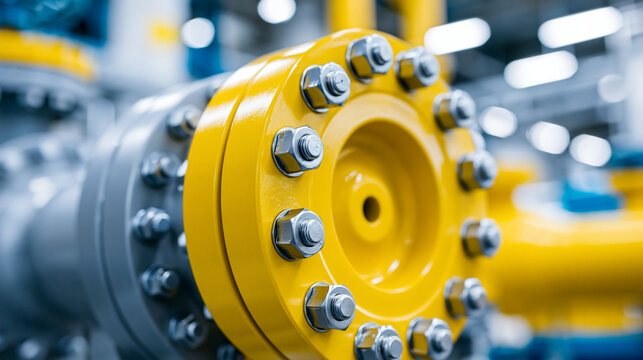 Close-up of an unrecognizable yellow industrial station component in close-up, pressure chamber or gas hardware concept, industrial abstraction, machinery close-up, defocused