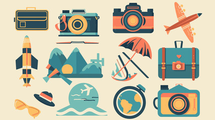 Pixel Art Travel Icons Featuring Luggage Cameras Airplane Mountains Rocket Ship Umbrella And Globe © AI PIC