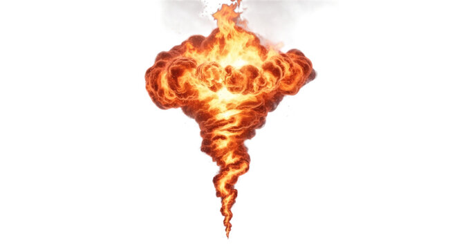 Fiery explosion with a plume shaped like a tornado intense orange and yellow flames on a white background