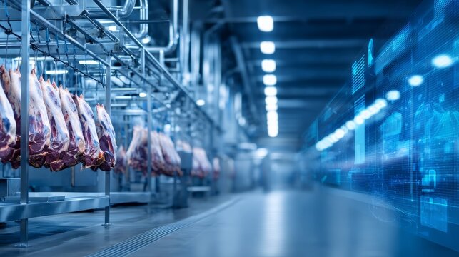 Industrial meat processing plant with hanging meat carcass on sterilized conveyor