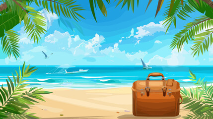 Obraz premium Pixel Art Tropical Beach Scene With A Brown Leather Suitcase And Palm Leaves