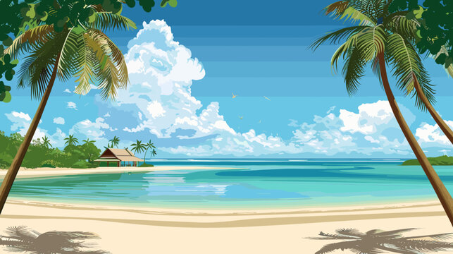 Pixel Art Tropical Beach Scene With Palm Trees And A Thatched Hut Under A Blue Sky With Clouds