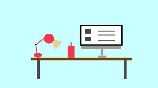 Animated Office Desk with Computer Monitor Desk Lamp and Pencil Holder on Turquoise Background Flat Design Workspace
