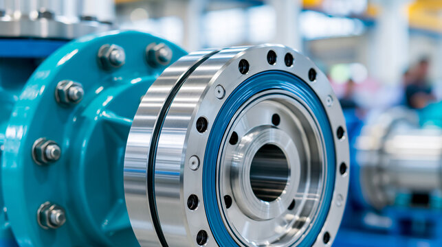 Close-up of an industrial pump sealing system fragment in a factory environment, pump engineering detail concept, seal system close-up, mechanical component photography, defocused
