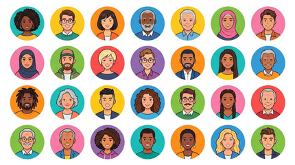Fototapeta premium Diverse Group of People Avatars in Circles.
