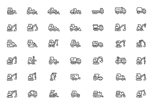 Construction vehicle icon set with thin line illustrations. Vector pictograms featuring bulldozer, loader, grader, paver, roller, lowboy hauler, utility, concrete mixer, machinery, equipment, industry