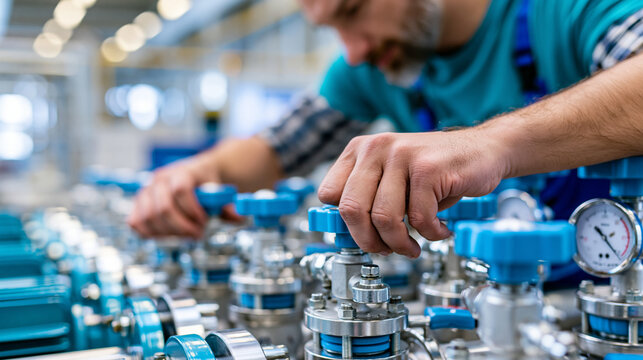 Close-up of a man working on machinery with many valves and gauges in an industrial plant, industrial maintenance concept, plant operator at work, engineering close-up, defocused
