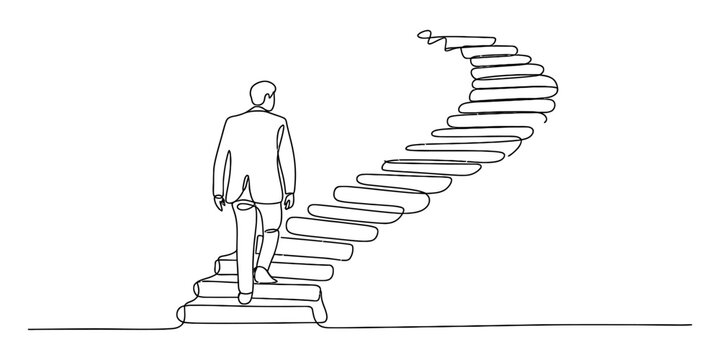 Man in suit walking up spiral staircase, one line drawing